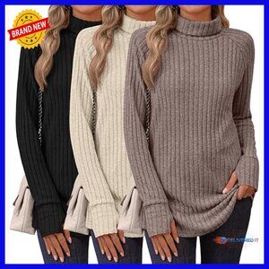 3 Pack Women's Turtleneck Long Sleeve Tunic Sweater Thumbhole Loose Fit